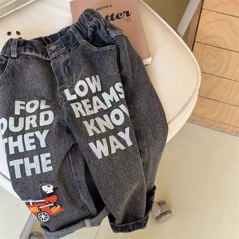 الخريف الاطفال الفتيان الجينز ربيع جديد الأطفال الكرتون المطبوعة عارضة السراويل الطويلة 80-130 سنتيمتر