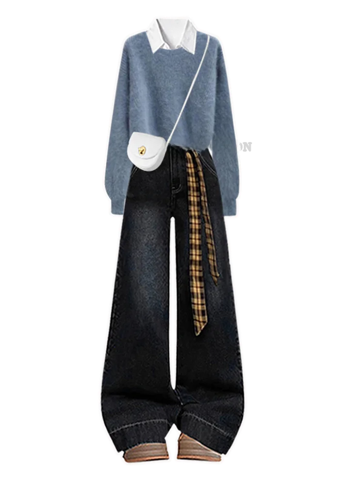 حجم كبير الخريف الشتاء مجموعة عادية المرأة الكورية Sle محبوك irt الدنيم السراويل المحملة قطعة مجموعة التخسيس طبقة قاعدة خمر