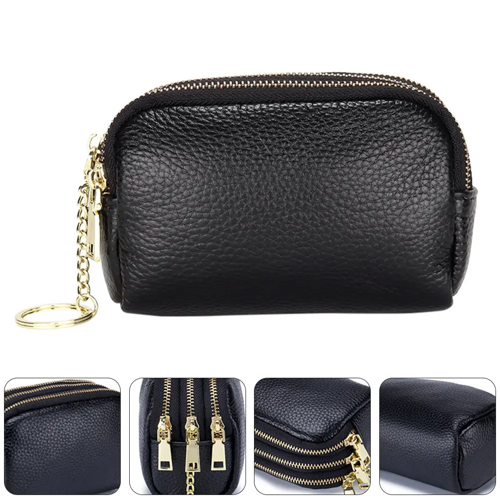 1Pcs Cowhide Coin Purse Women Zippered Change Pouch Large Capacity Layered Design for Coins Cards Keys Makeup Small