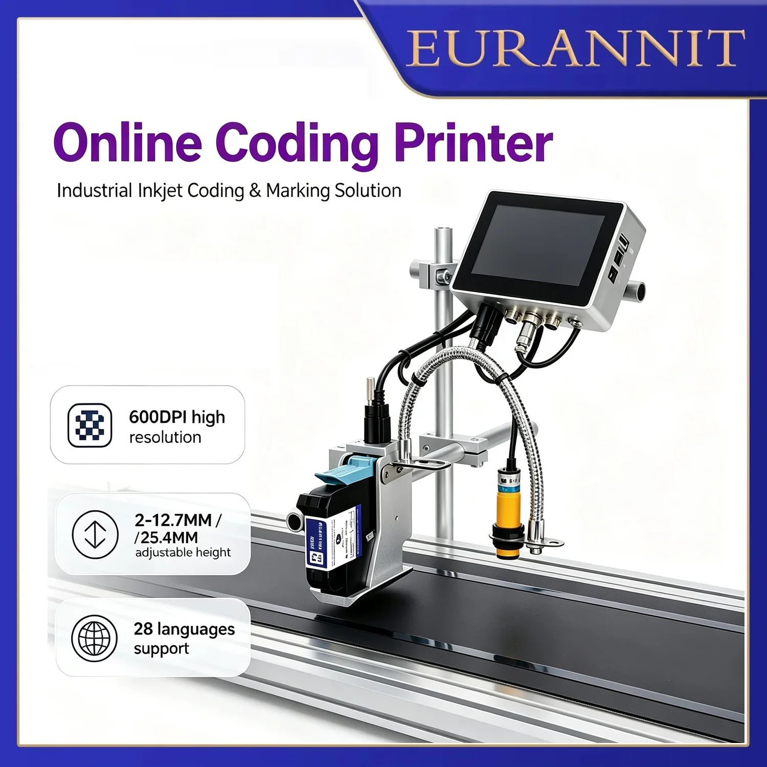 EURANNIT 12.7/25.4MM Industrial Online TIJ Inkjet Printer 4.3inch Screen 600DPI QR Barcode Batch Number Logo Date Label Printer