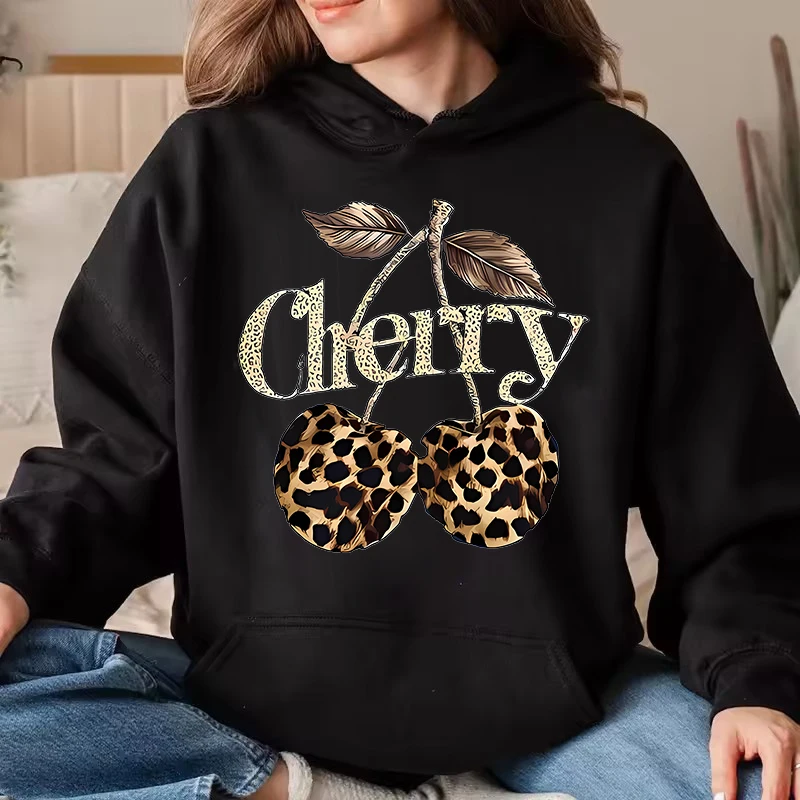 Frauen Lustige Leopard Kirsche Drucken Langarm Hoodies Herbst Winter Tasche Mit Kapuze Streetwear Grafik Sweatshirt Kleidung Hoody
