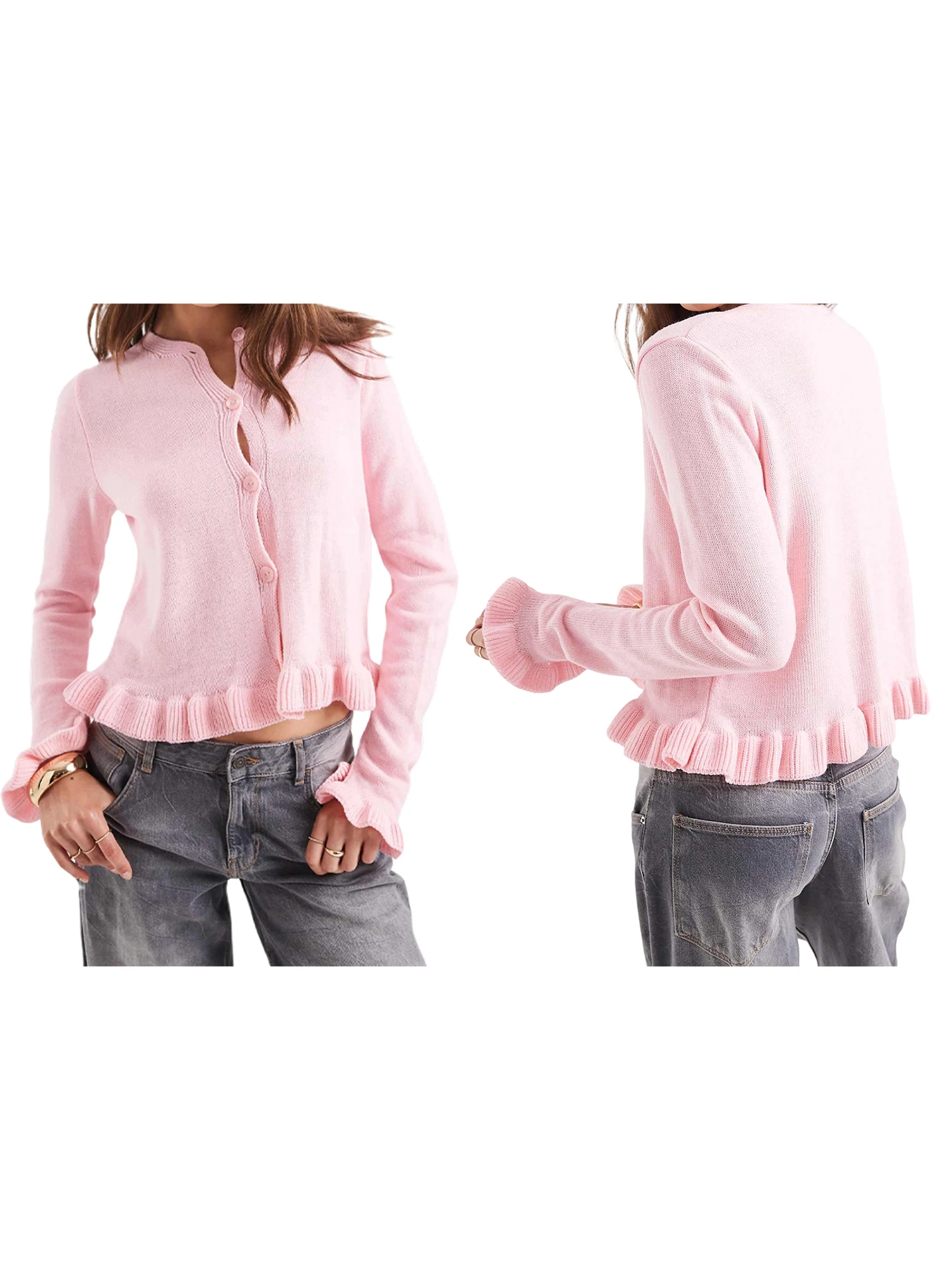 

Женская осенняя куртка-свитер с длинными рукавами и круглым вырезом на пуговицах, однотонный вязаный кардиган с рюшами