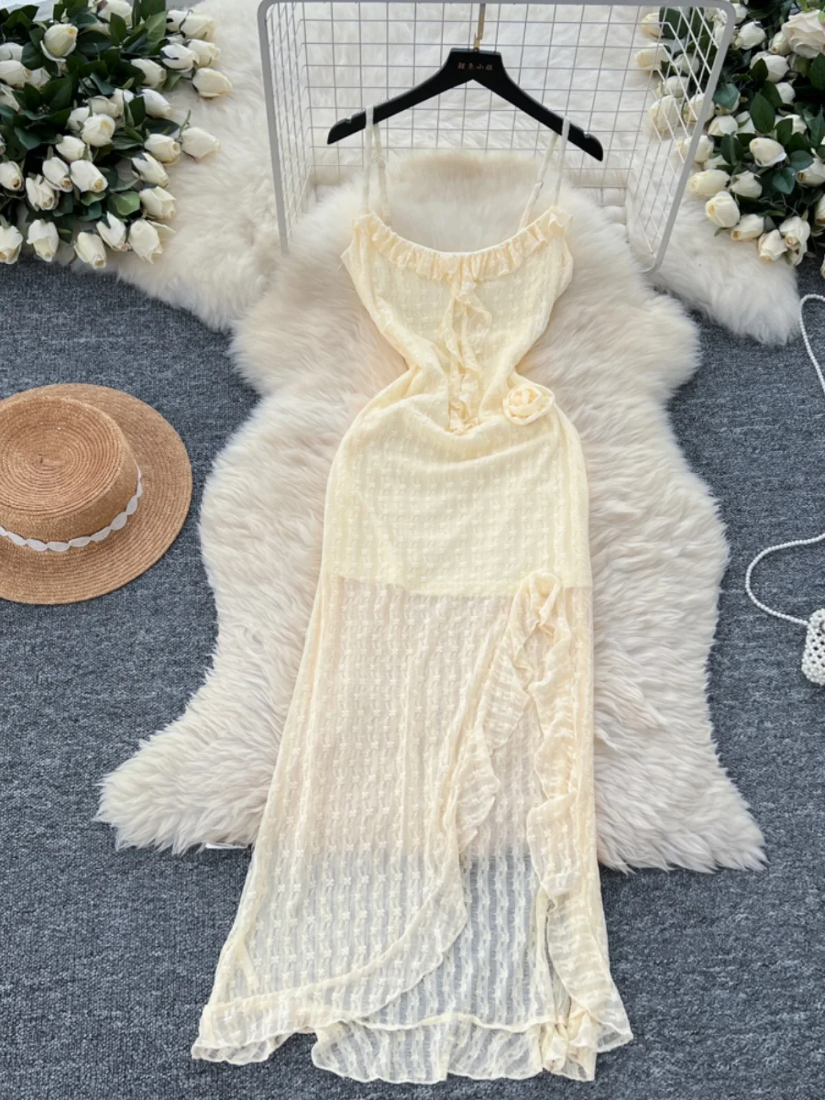 

Foamlina Sexy Vacation Dress Women's Fashion Design Niche 3D Flower Waist Split Lotus Leaf Edge Lace Suspender Dresses