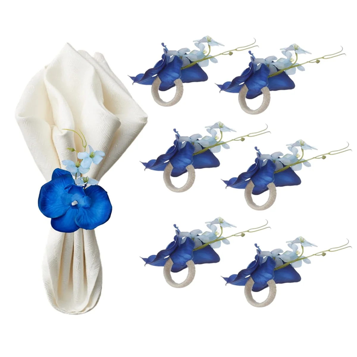 6PCS Handmade Orchid Flower Napkin Rings Blue Flower Holders Handcraft Serviette Buckles Rings for Wedding Table Decor