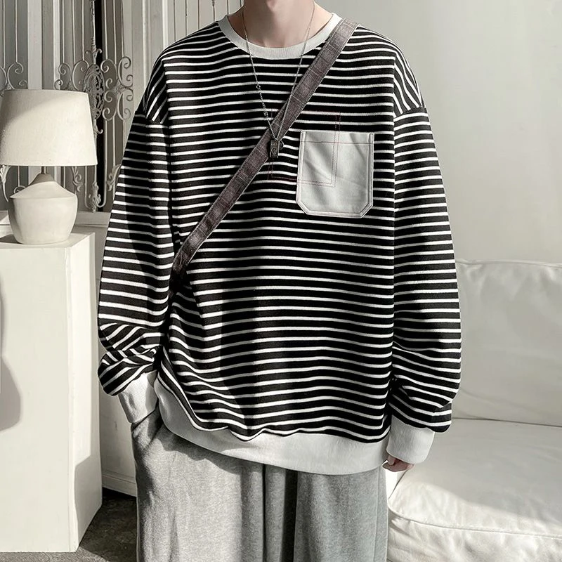 Spring Striped Long Sleeved Sweatshirts For Men Pocket Thin Fashion All-match Casual Teenager Loose Pullover T Shirt Black White