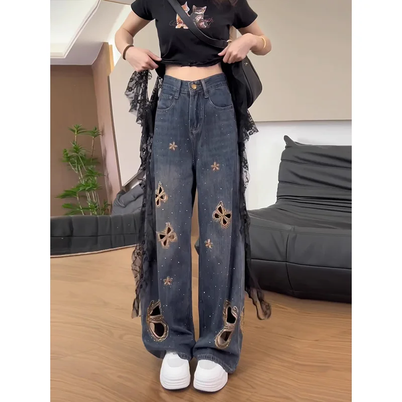 2026 Summer Design Butterfly Hollow Embroidered Jeans Women's Summer Thin Retro Hot Diamond Wide-leg Straight Mopping Pants