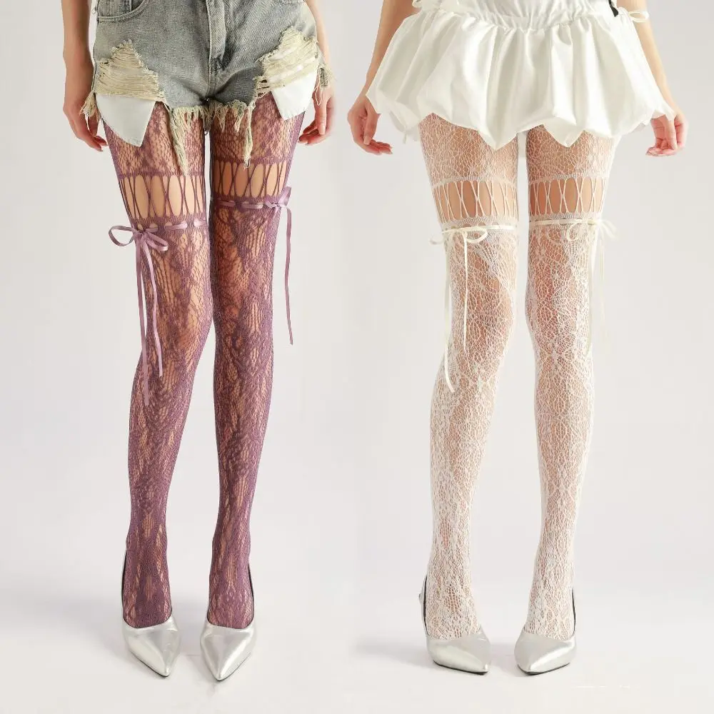 High Waist Mesh Lace-up Pantyhose High-Density Smooth Shaping Silk Stockings Hollow-out Hot Girl Style Sheer Pantyhose Tights