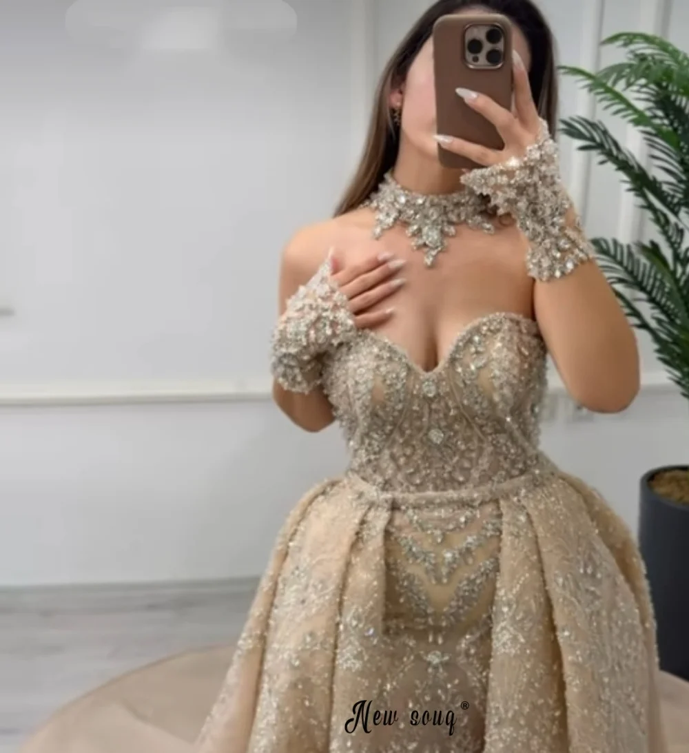 Vestidos de fiesta de 3 piezas color champán con cuentas y collar, vestidos de compromiso para mujer, vestidos personalizados para invitadas de boda