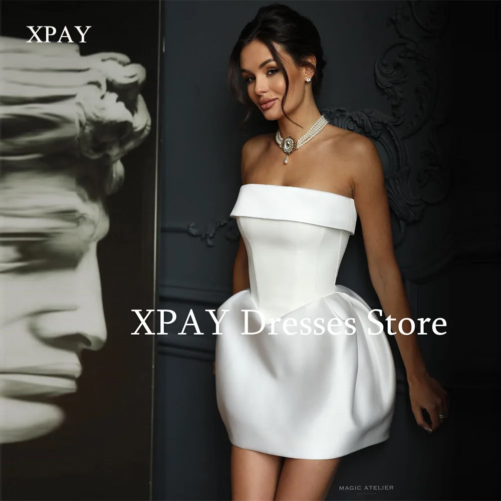 XPAY Modern Strapless Mini Short Wedding Party Dresses Thick Satin Puff Skirt Bride Gowns Formal Occasion Dress Customized