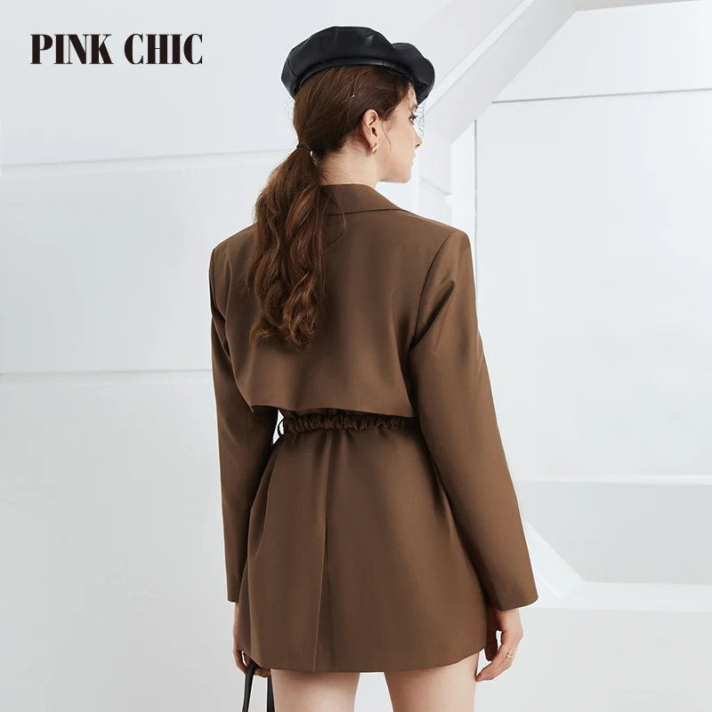 PINK CHIC New Spring Autumn Women Midlength Lapel Collar Single Row Two Button Metal Belt Windbreaker Elegant Coat Trench 730