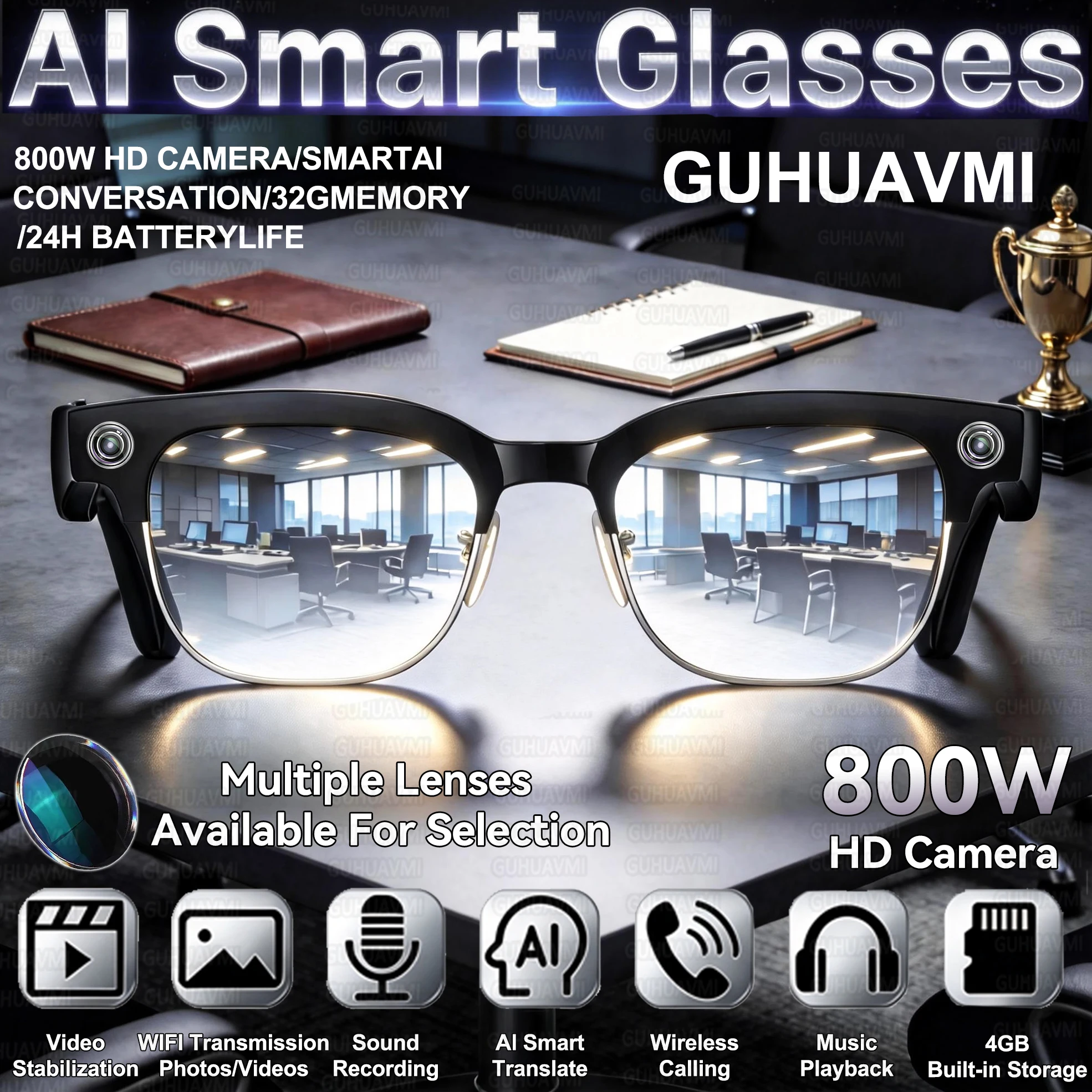 New HOT Business Smart Glasses Men 800W 4K HD Camera 1080P Shooting Action Capture AI Chat Call Waterproof Windproof Sunglasses