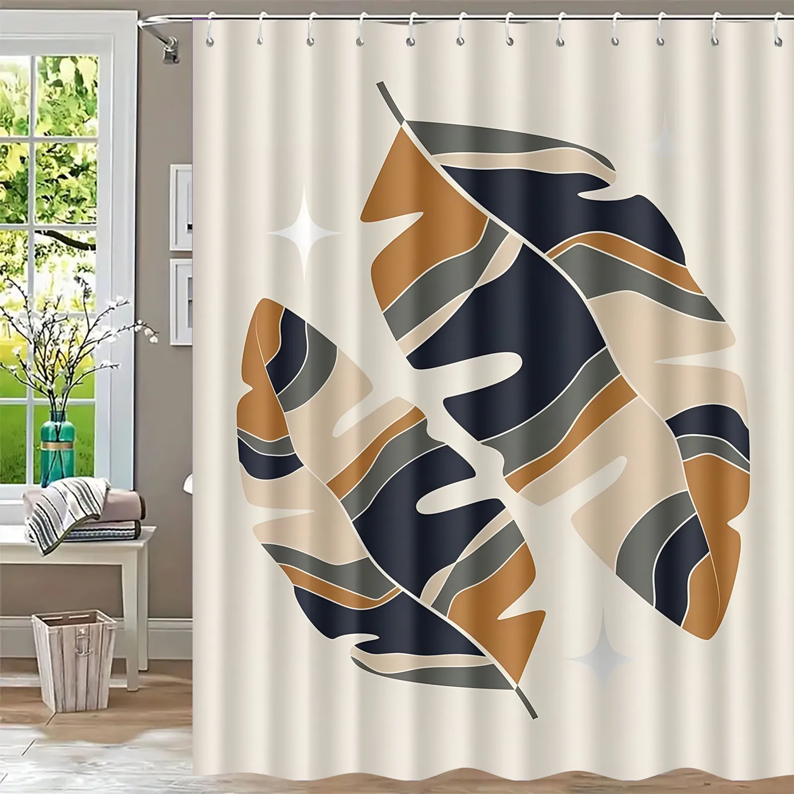 1pc, Simple, Colorful Leaf Pattern Shower Curtain- Elegant Natural Design for Every Scene Including 12 Hooks, Polyester Fabric
