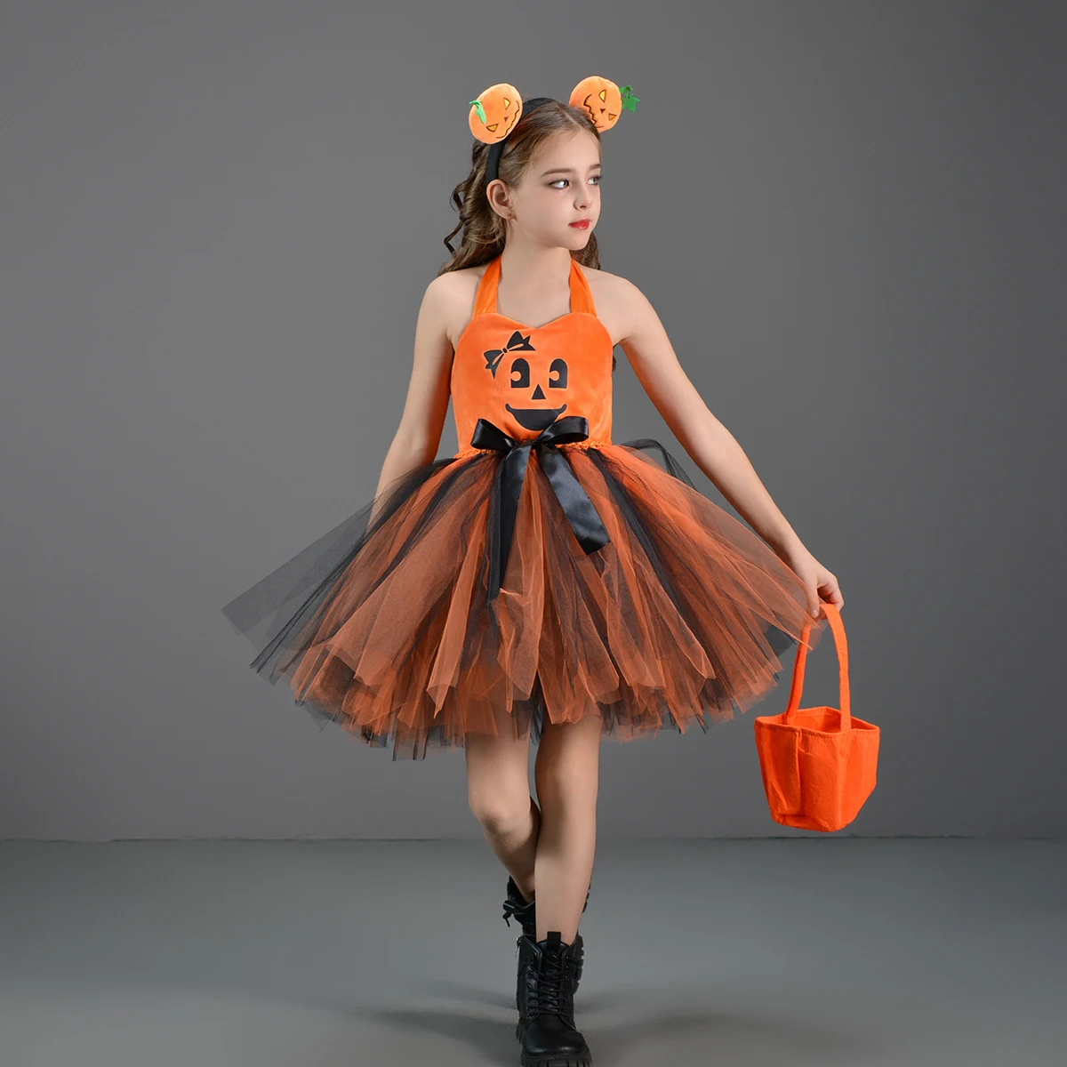 Girls Fancy Pumpkin Tutu Dress Outfit with Headband Kids Halloween Costume Tulle Dress with Pumpkin Bag for Carnival Dress up