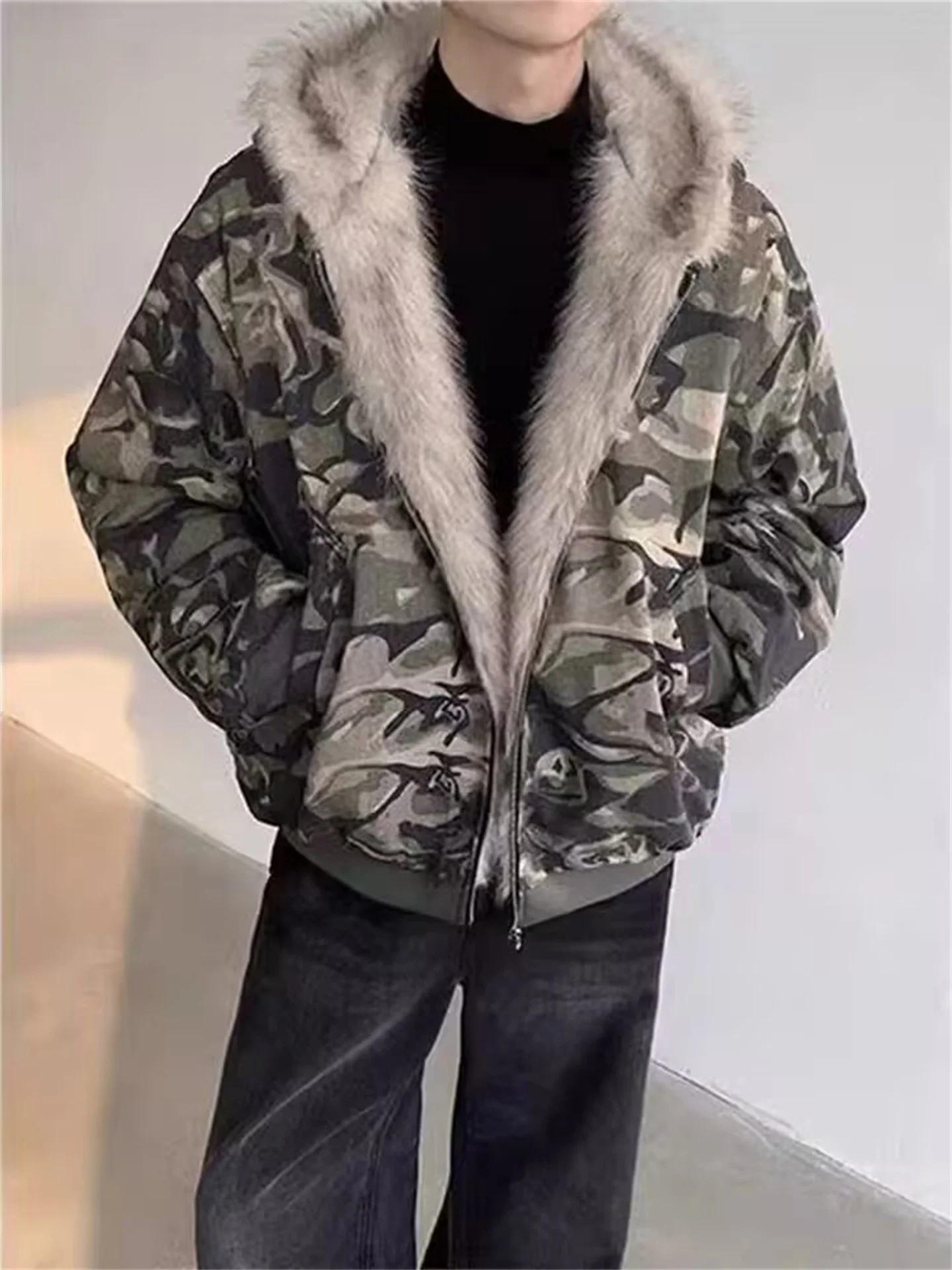 

Thiened Camouflage Hooded Cotton Jaet Men's Winter American Wa Heavyweight Warm Plu Cotton Coat Youth Casual Outerwear