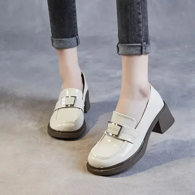 5.5CM Women Thick High Heel Loafers Genuine Leather Round Toe Slip On Pumps 2025 Ladies Patent Leather Trend Casual Shoes image 4