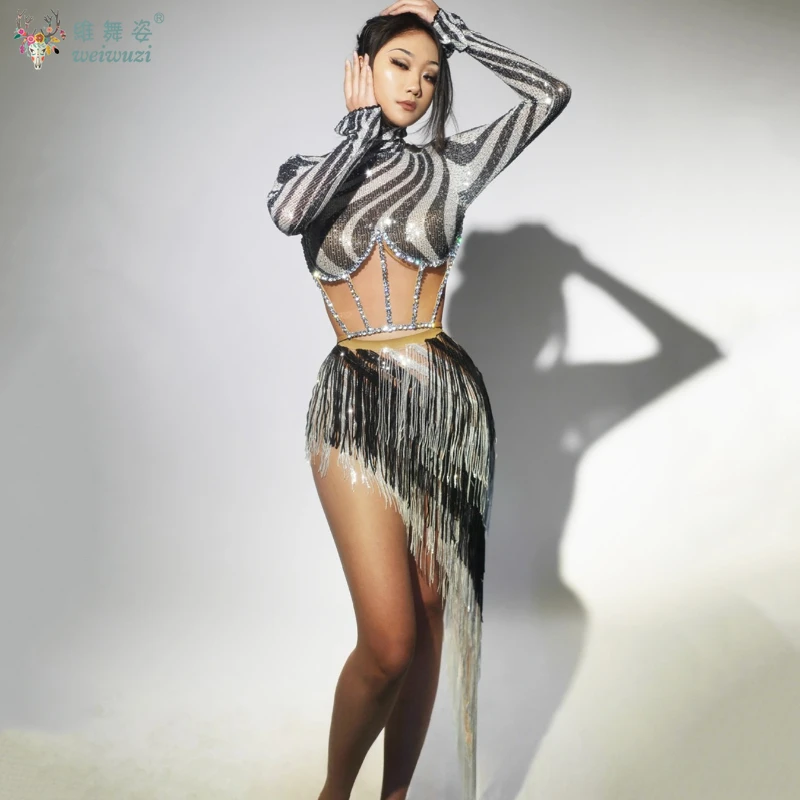 

Женские черно-белые топы в полоску, мини-платье, комплект из 2 предметов, блестящие стразы, блестки, кисточка, сексуальная одежда для латинских танцев, праздничный наряд Heibai