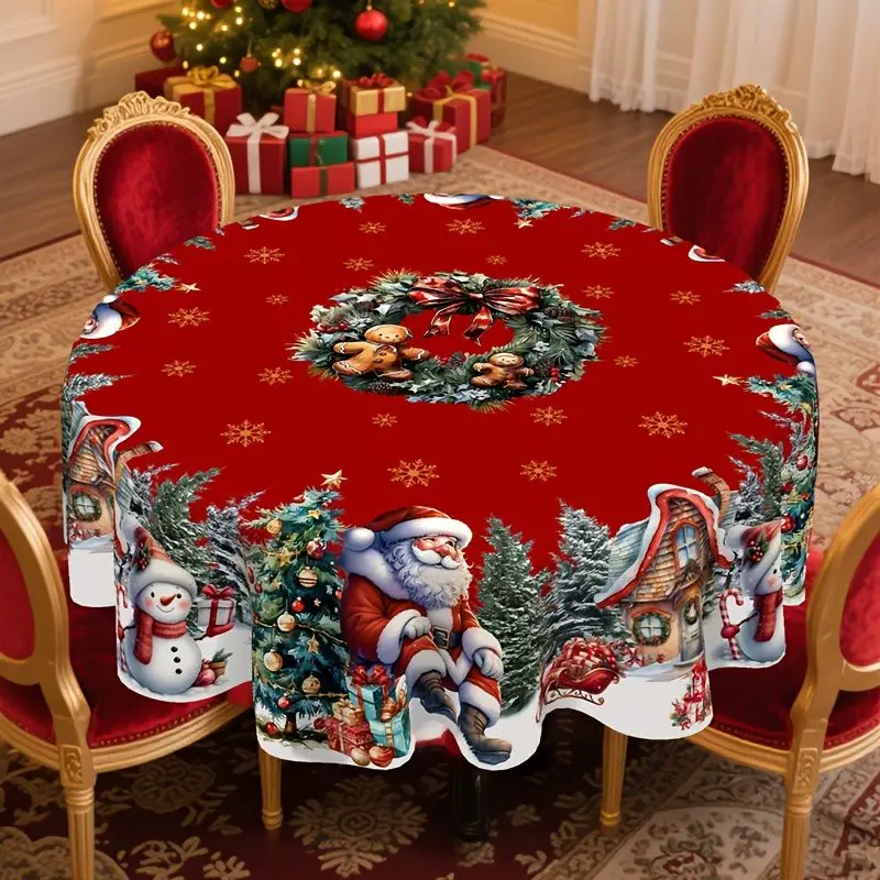 VIKAMA Christmas Round Tablecloth Red Watercolor Santa Claus Snowman Tree Gingerbread Wreath Winter Holiday Dining Table Cover