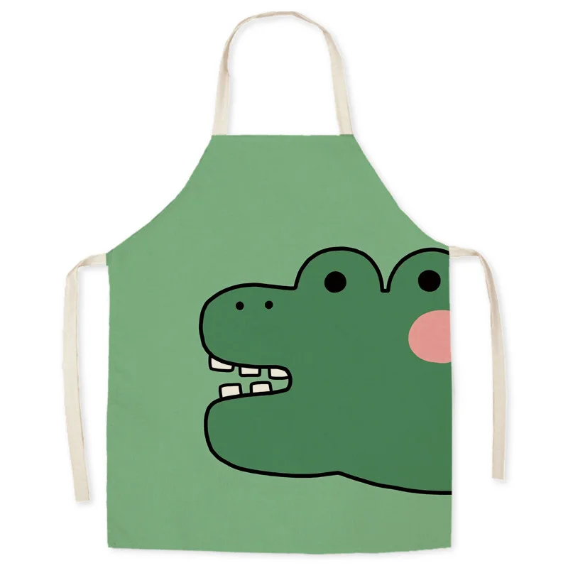 Cute Animal Crocodile Pattern Linen Sleeveless Hand Rub Waist Apron Kitchen Home Decoration Baking Cleaning Tools Anti-greasy