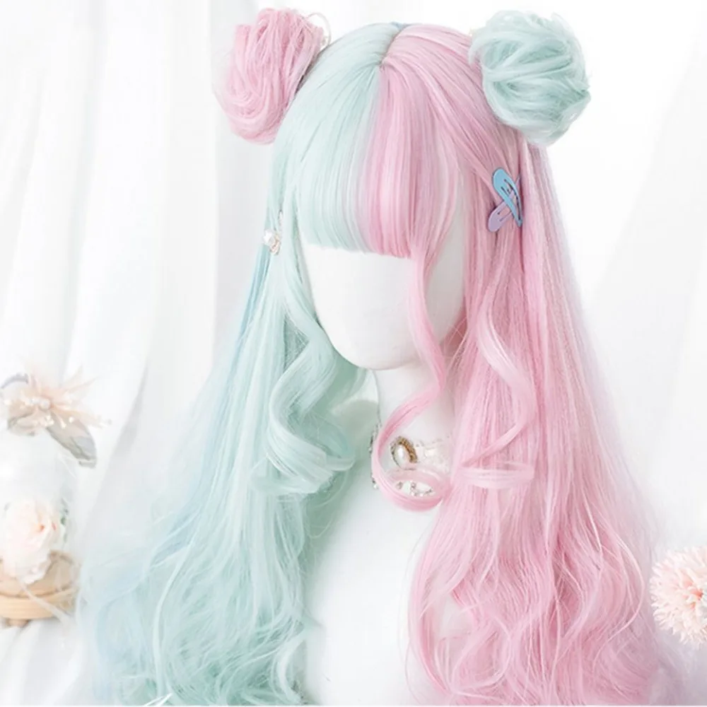 

Парик Harajuku Lolita - вьющиеся волосы с градиентной шерстью для косплея, милый синтетический полный головной убор горничной в стиле аниме, кавайный розовый блондин
