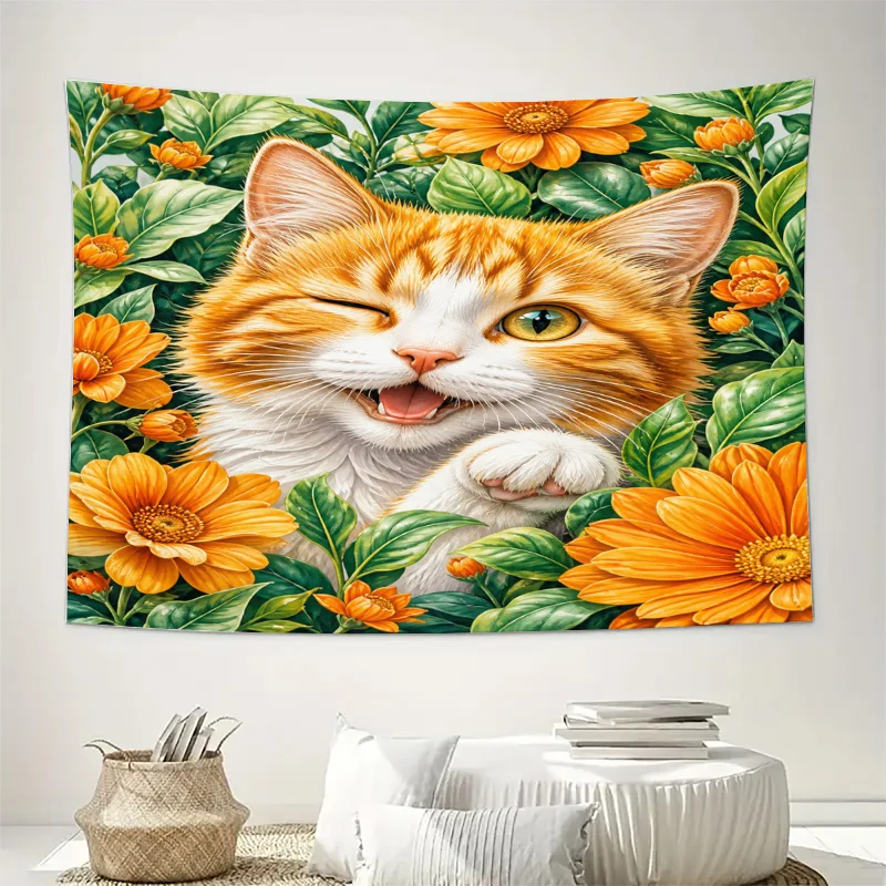 Charming Orange Cat Floral Tapestry Wall Hanging Decor Mural Boho Nature Garden Print Fabric Art for Living Room Bedroom Home