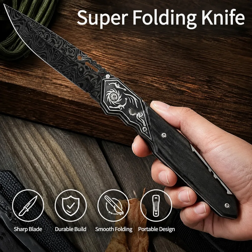 Professional Folding Knife Damascus Pocket Knife Compact Fruit Knife, Multi-purpose Mini Knife for Cutting Fruits and Vegetables