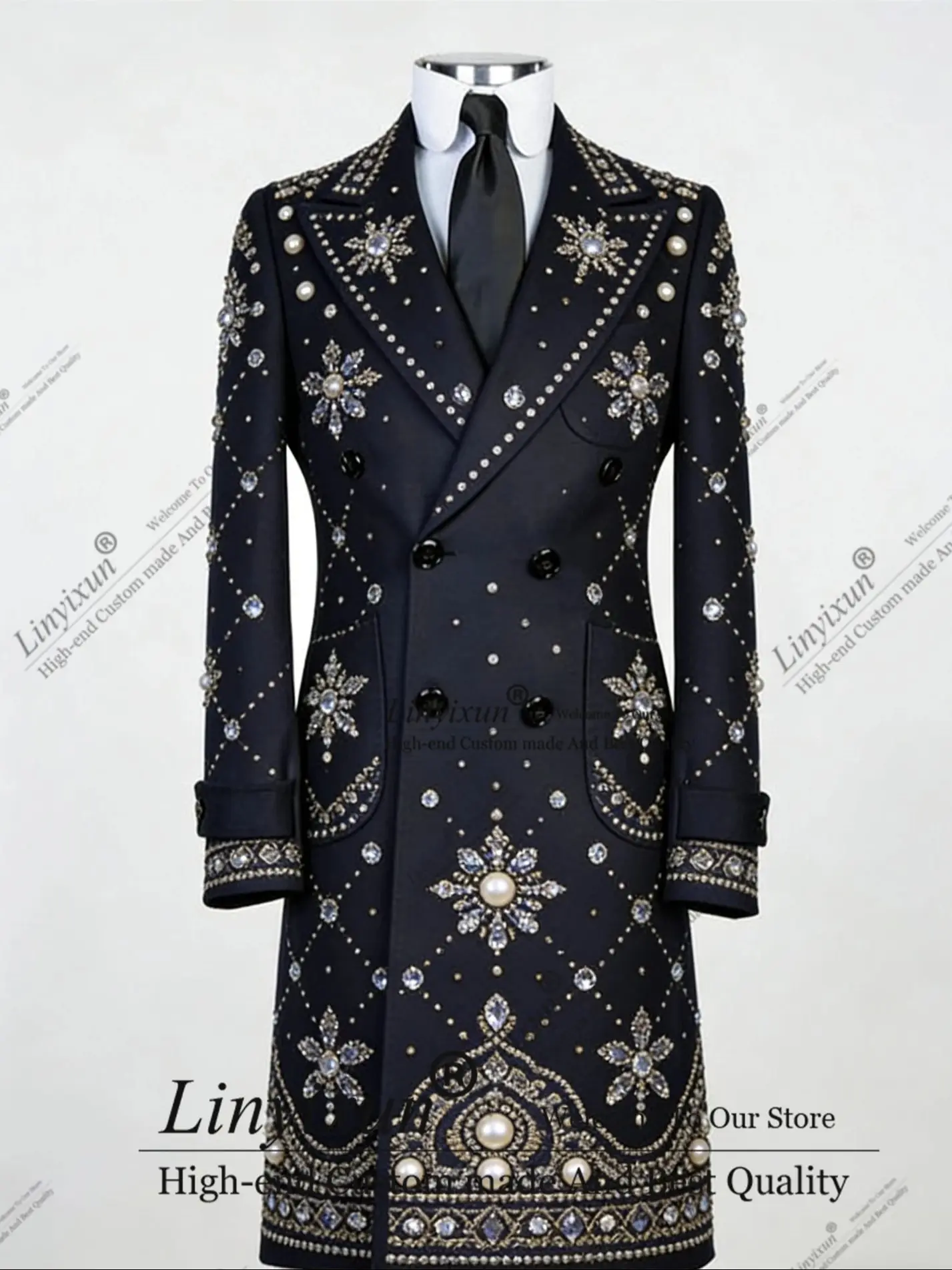 

Winter Luxury Long Coat Men Suits High End Rhinestones 1 Pieces Groom Male Blazers Ropa hombre Customized Slim Wedding Tuxedos