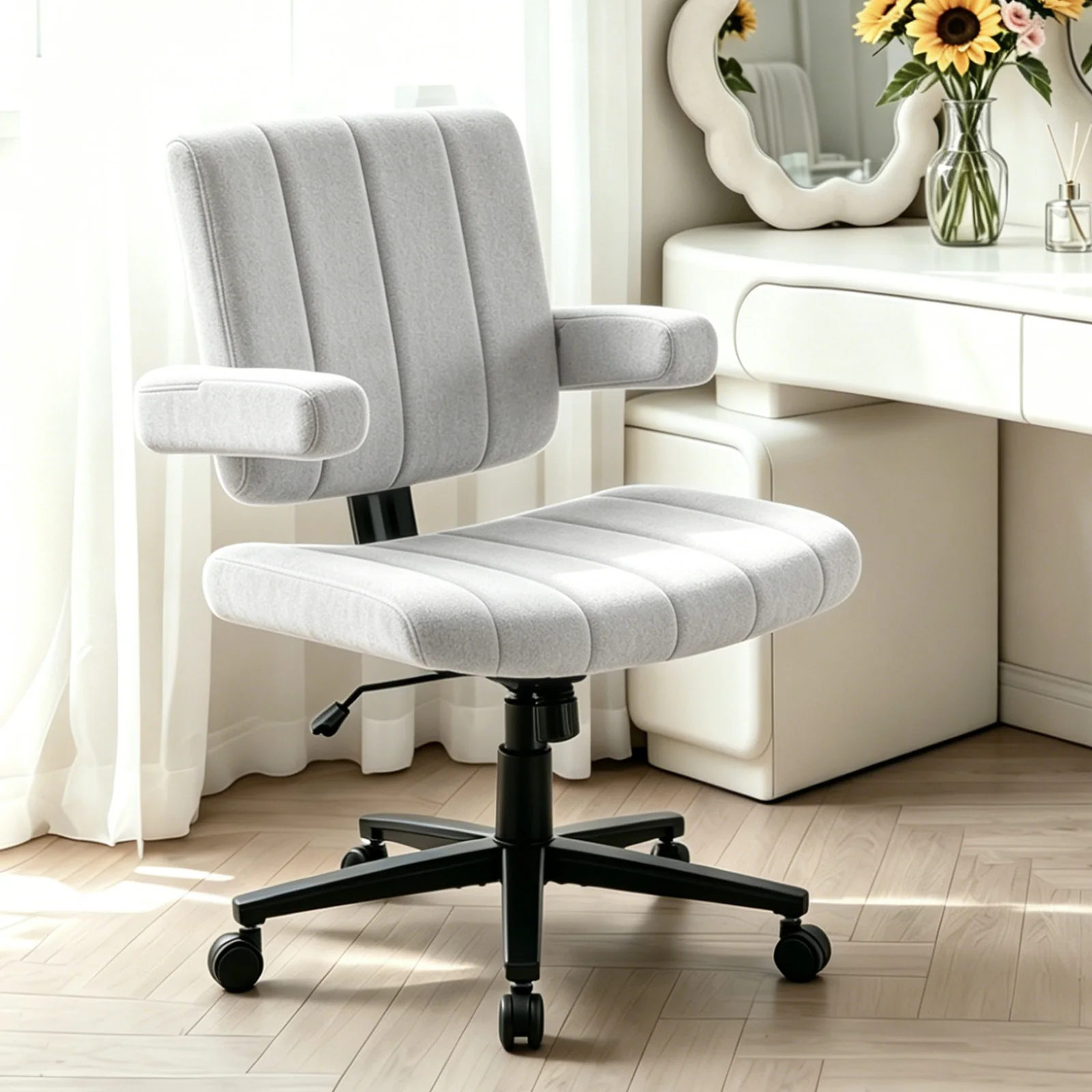 VIGOSIT Criss Cross Chair, Anti-Grip fabric Comfort Cushion Modern Tailor Seat chair for Office,Cute Vanity Swivel Chair with Back Modern Fabric with Wheels Swivel Task Home Gaming Chair image 7
