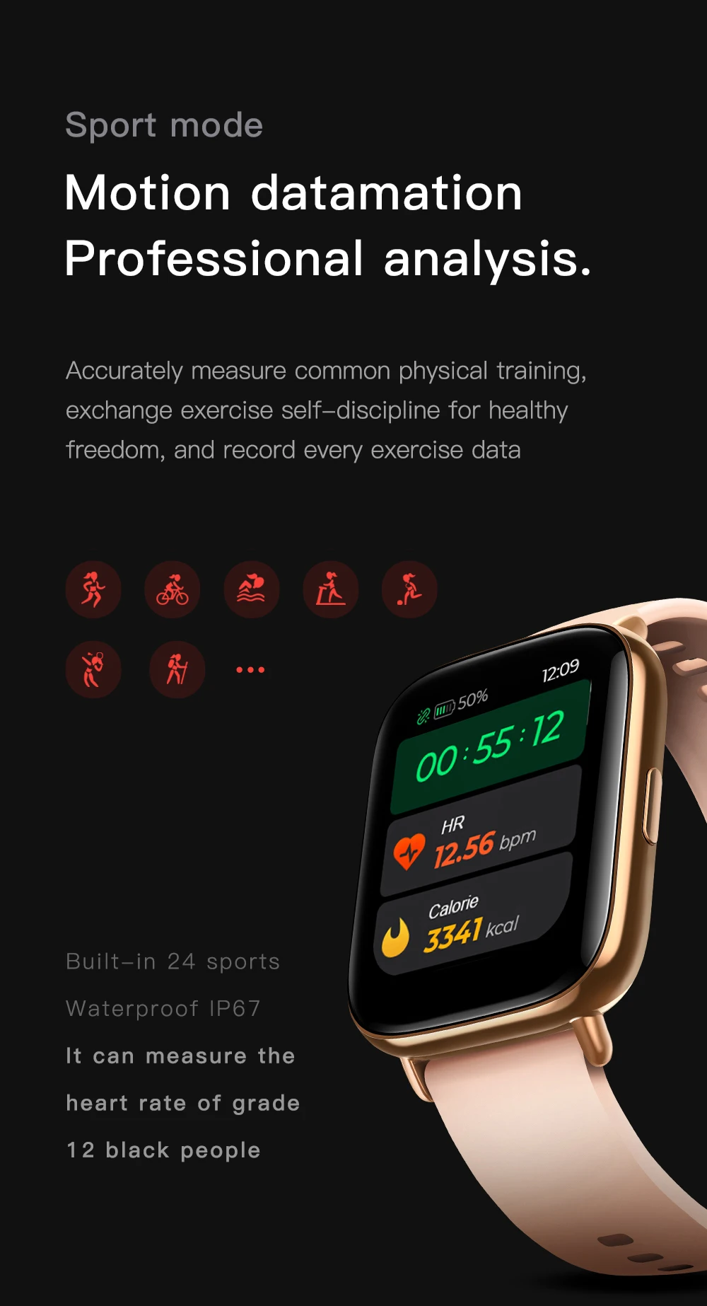 Smart Watch 24 Sport Mode 1.69" Bluetooth Call Heart Rate Blood Oxygen Body Temperature Calorie Health Monitor IP67 Waterproof