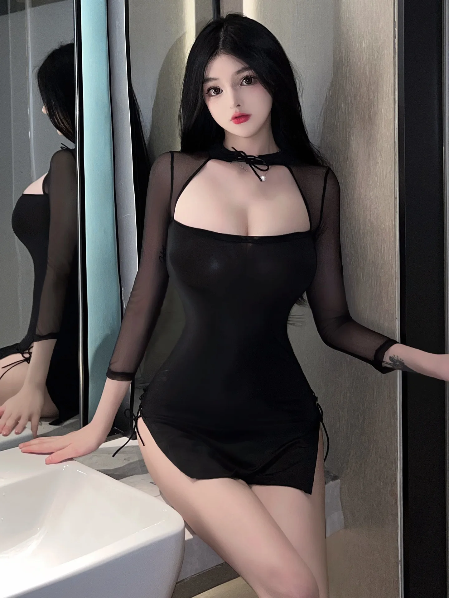 มินิตาข่าย Sheer หวานชุดแขนยาวสแควร์เซ็กซี่ Hollow โปร่งใส Cheongsam Hollow หวานชุดผู้หญิงเกาหลี E8CV