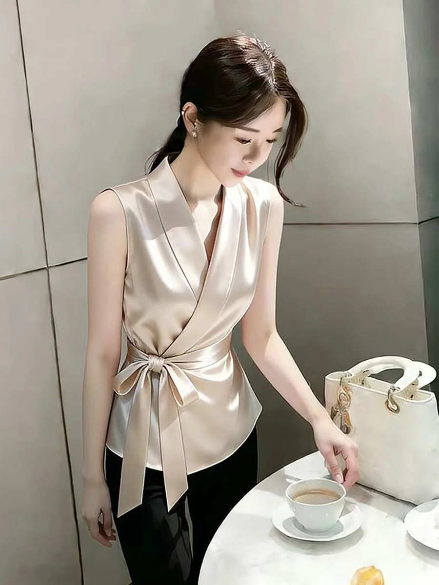 Champagne Color Satin Waist-Cinching Shirt for Important Occasions Summer High-End Elegant Beautiful Women's Korean Style Loo...