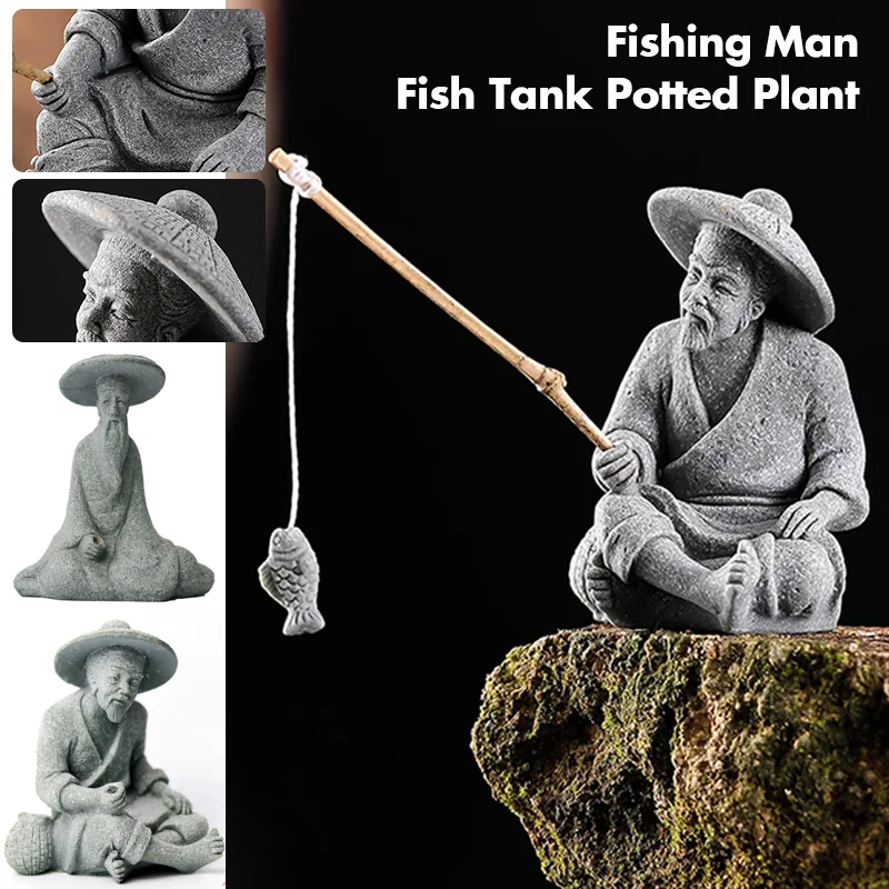 1pc Sitting Old Man Fish Tank Ornament Fishing Figurine Home Garden Table Decor ini Fisherman Statue Asian Zen Decoration