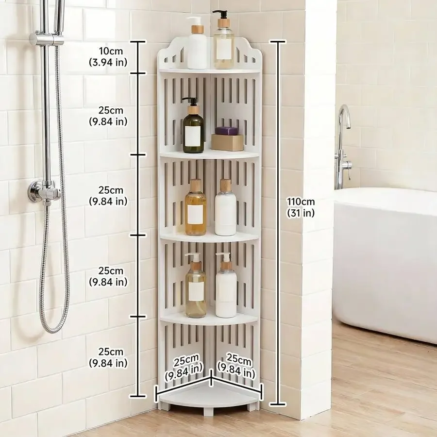 5-Tier 43.31 Inch Waterproof PVC Corner Storage Shelf, Scandinavian Style Organizer For Bathroom/Kitchen/Living Room – 30lbs Cap