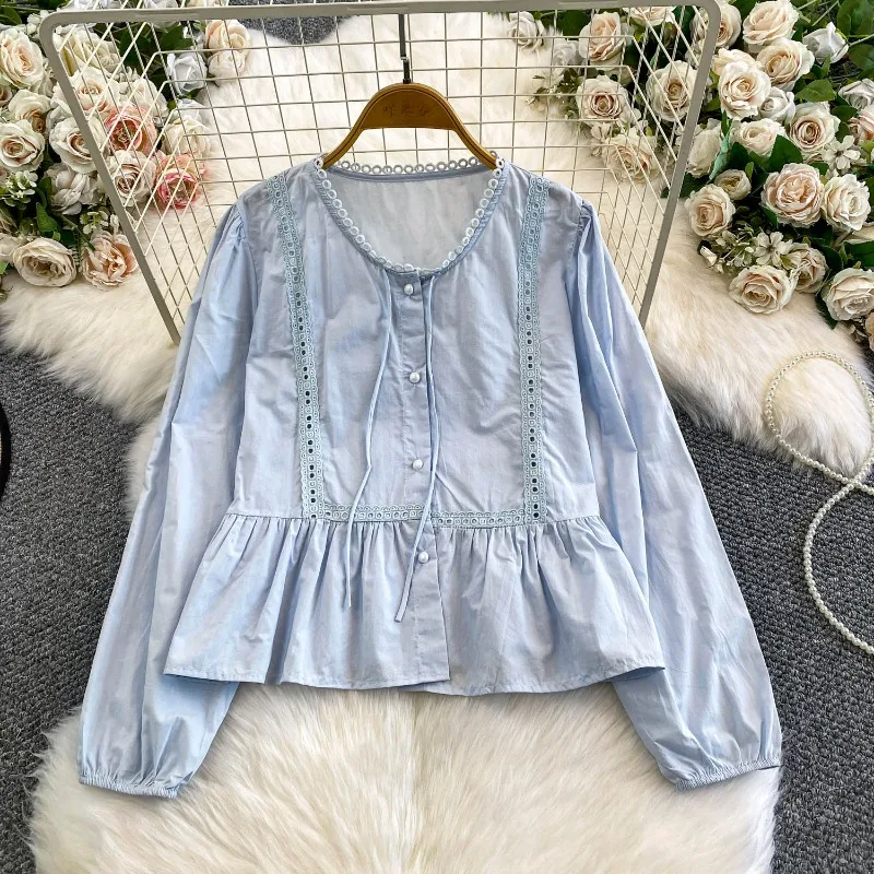 بلوزات حلوة تفريغ الدانتيل الصلبة ربيع الخريف امرأة قمصان الكورية موضة أنيقة شيك الكشكشة Blusas Mujer