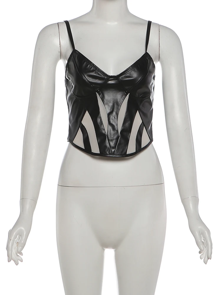 Nibber Patchwork maille Camisole femmes Faux cuir col bas fermeture éclair dos nu Sexy minuit Hottie classique Festival de musique Streetwear