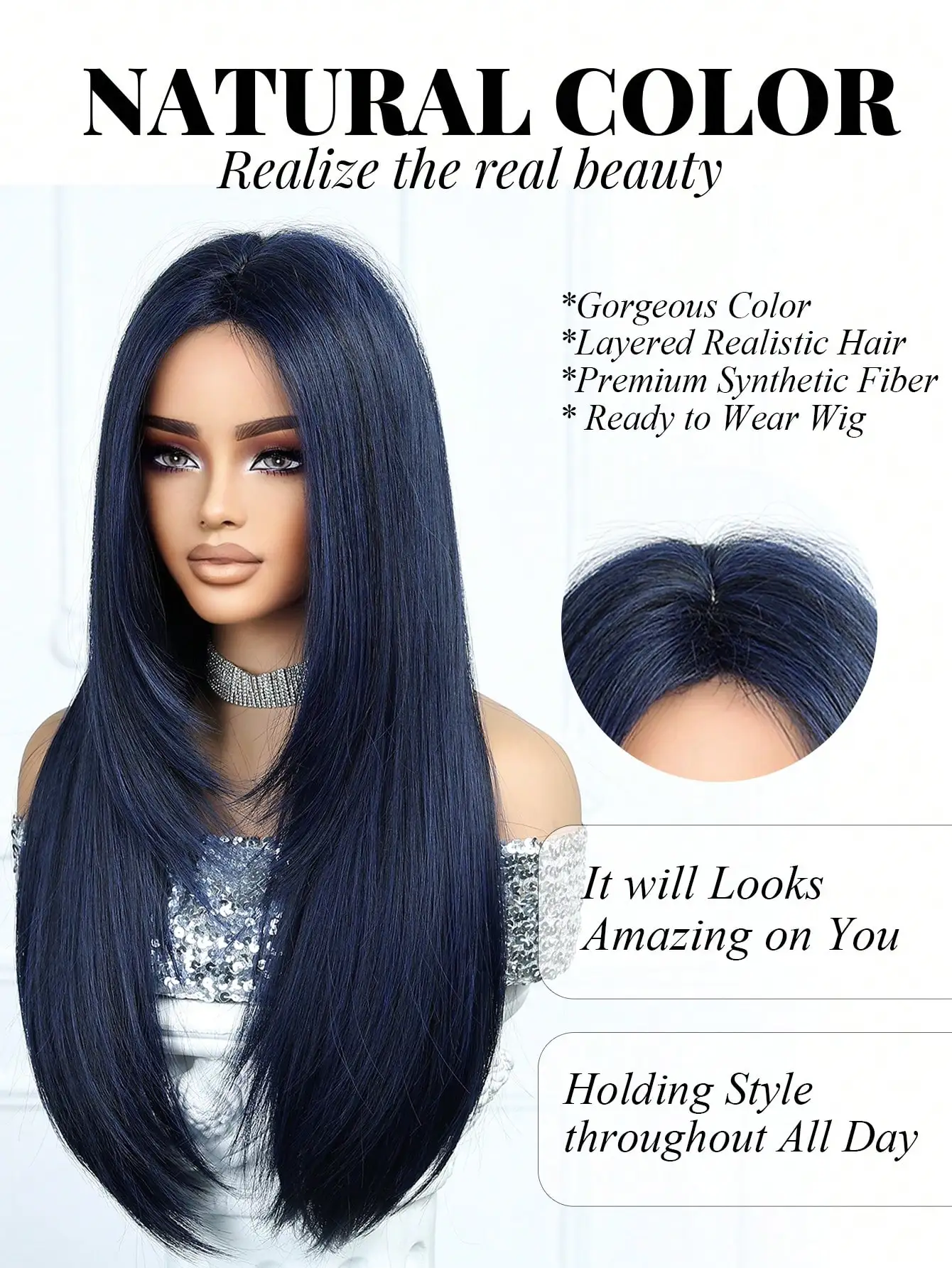 Dark Blue Wigs for Women Long Straight Hair Wig with Center Part Natural Wavy Synthetic Wig Heat Resistant Hair for Daily Party