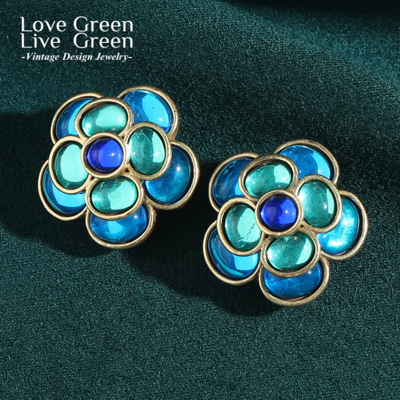 

Vintage Blue Green Glaze Camellia Earrings Flower Oval Glass Natural Elegant Retro Luxury Quality Jewelry Designer New 2025