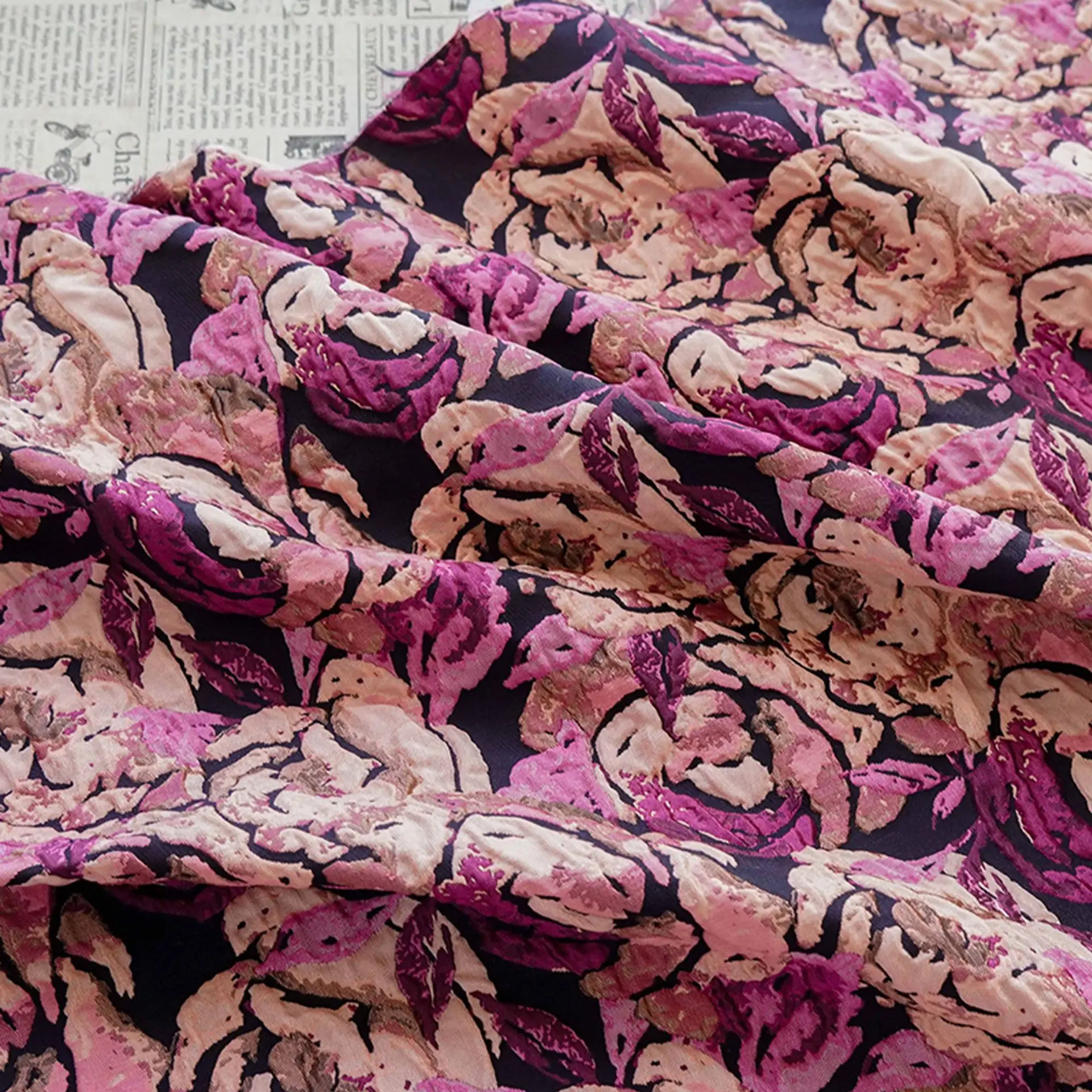 

Embossed Pink Purple Floral Yarn Dyed Jacquard Fabric Abstract Style Elegant Dress Gown Coat Decorative Sewing Fabric