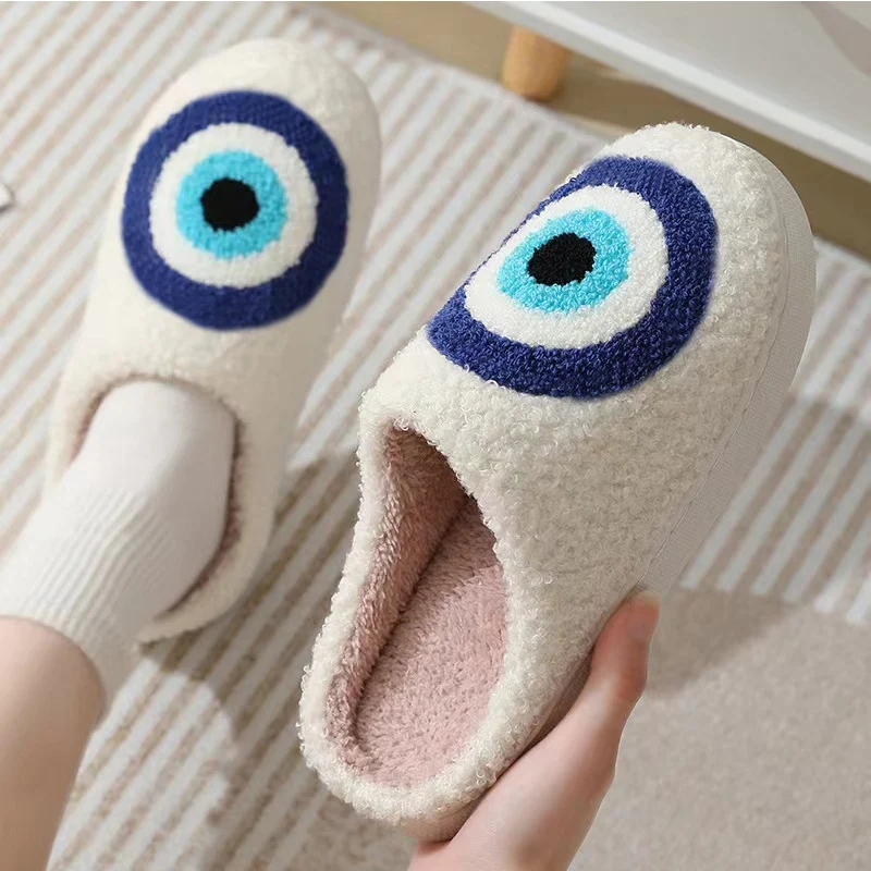 Cartoon Blue Eye Fluffy Fur Slippers Women Warm Closed Toe Cute Plush Cotton Slippers 2024 Winter Home Soft Indoor Shoes