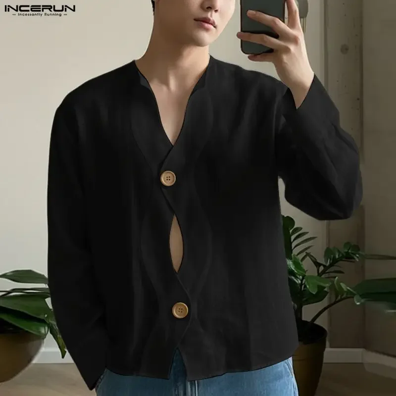 

INCERUN Men Shirt Solid Color V Neck Long Sleeve Button Hollow Out Men Clothing Streetwear Loose 2026 Fashion Tops Male Shirts