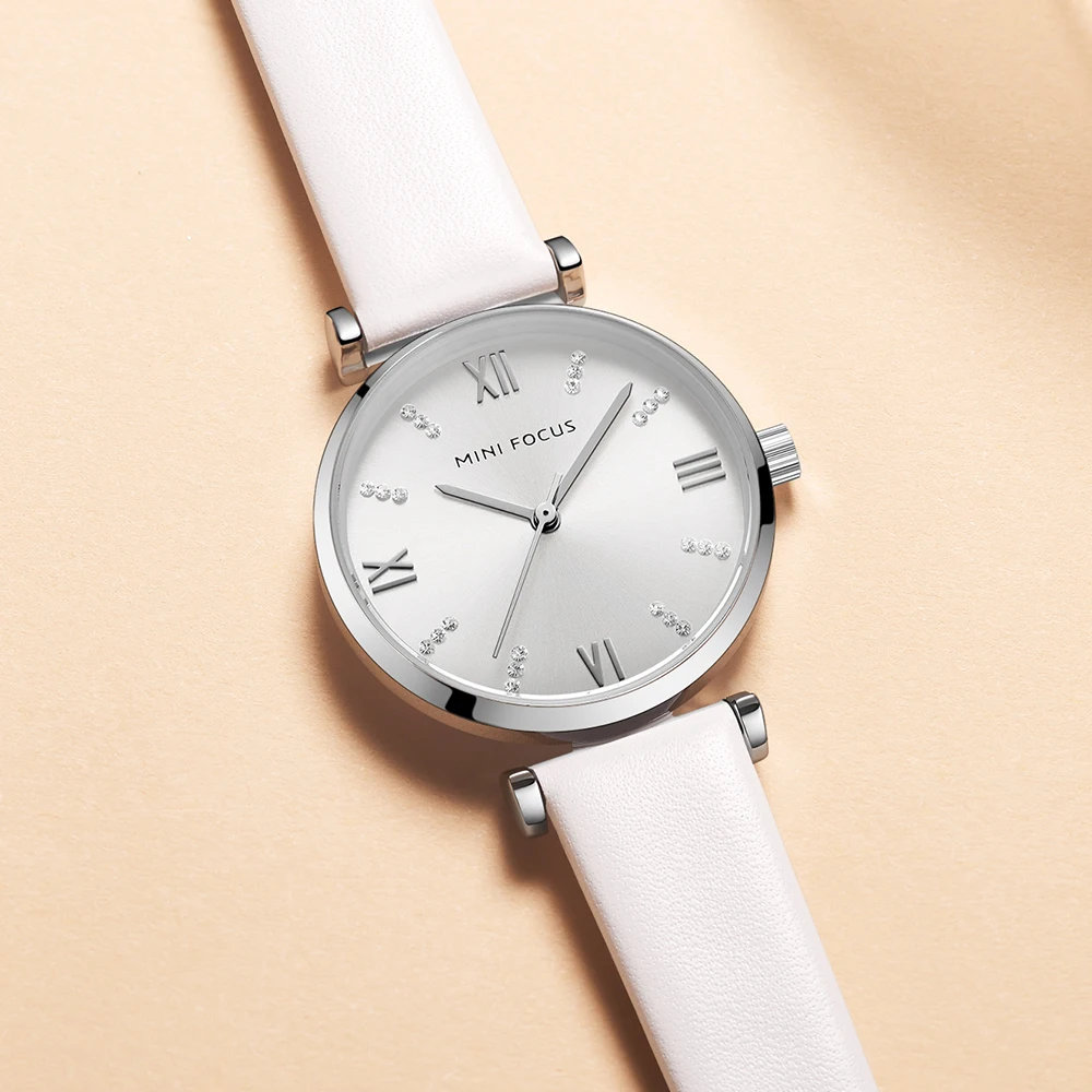 MINI FOCUS MF0335L Elegant Women Watch White Genuine Leather Strap Waterproof Ladies Dress Quartz Watches