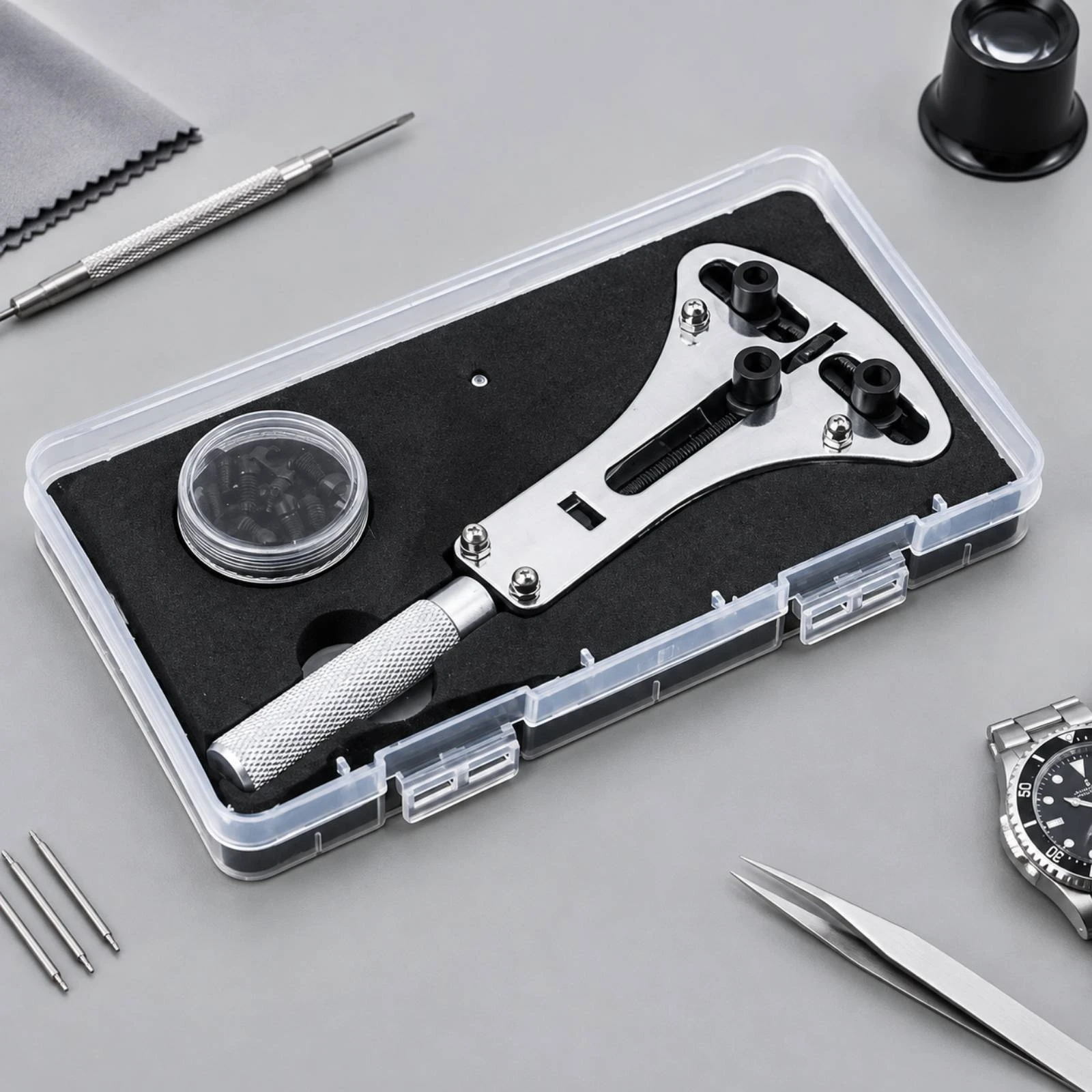 Three-Prong Watch Case-Back Opener Knurled Handle Adjustable Watch Case Opener with Interchangeable Gripping Surfaces DIY