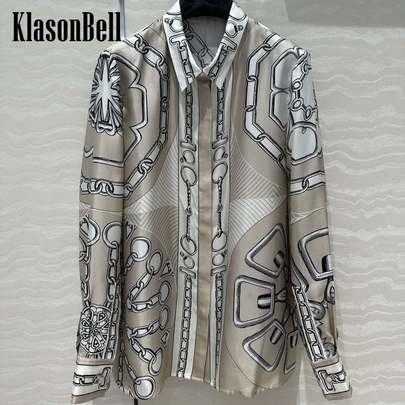 8.11 KlasonBell Women Clothes Chain Rope Geometric Print Silk Long Sleeve Shirt Temperament Lapel Hidden Breasted Blouse