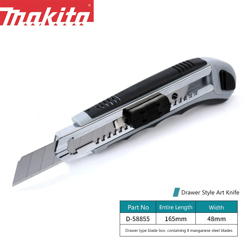 

Makita ‎D-58855 Utility Knife Snap-Off Easy Loading Scalable Rubber Blade Handle Containing Extra 8 Blades Grey White