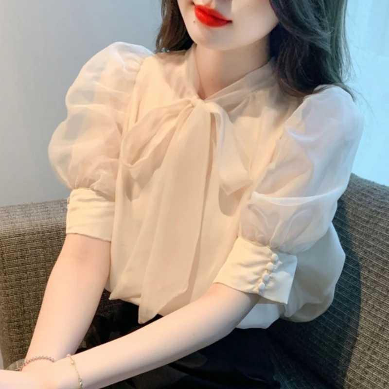 Fashion Bow Collar Apricot Chiffon Blouse Shirt Women Tops Blusas Mujer De Moda 2024 Verano Short Sleeve Blouse Women Blusa G587