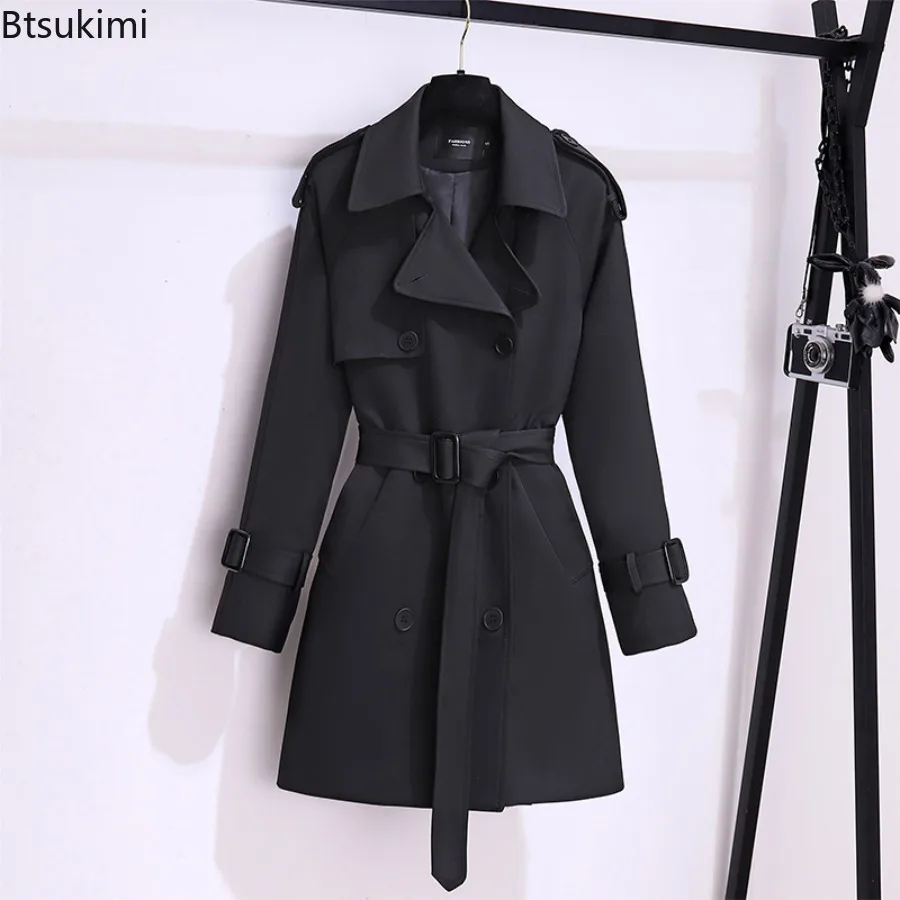 Women British Style Windbreaker Streetwear 2025 New Spring Autumn Solid Double Breasted Long Trench Coats Elegant Casual Jackets