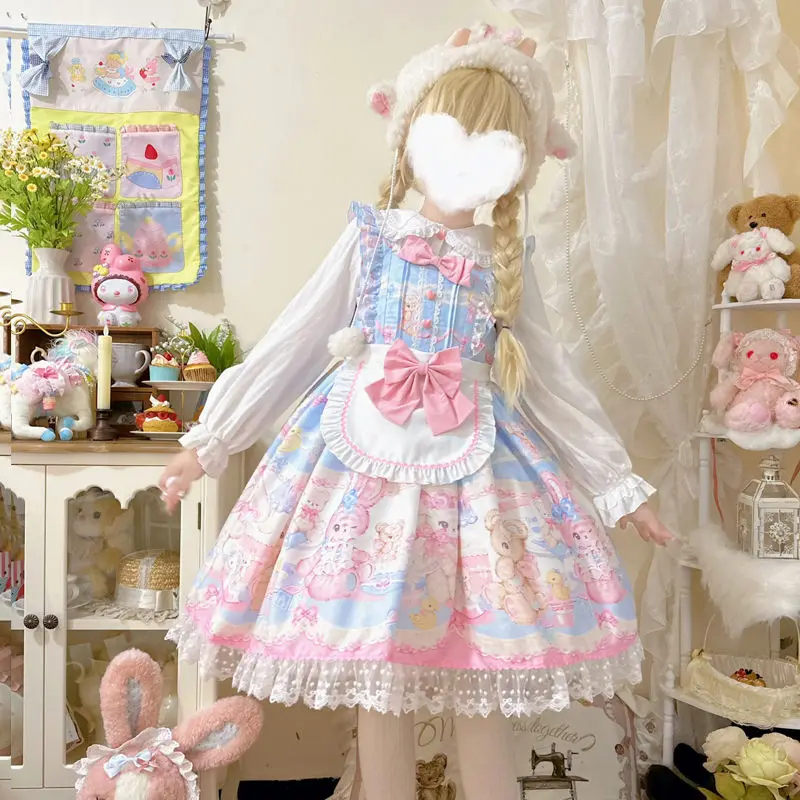 Sweet Lolita Sweetheart Rabbit Bear Cartoon Printing With Apron Bow Sleeveless Lace Ruffles JSK Dress Soft Girly Camisole Dress