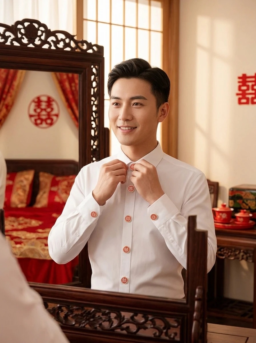 Chinese Wedding Double Happiness No-Sew Button Covers Clasp Red Enamel Gold Plated Snap-On Decorative Fasteners for Groom Shirts