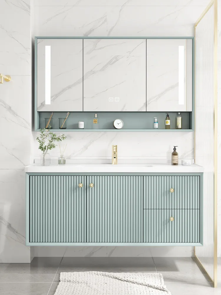 

Oak slate bathroom cabinet combination ceramic integrated basin washbasin bathroom washbasin light luxury and intelligence