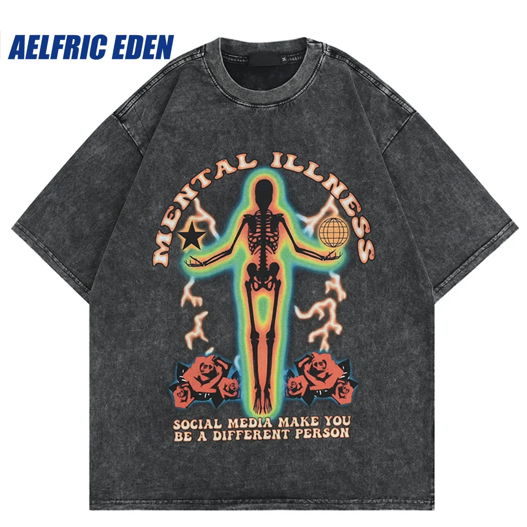 

Aelfric Eden Thermal Image Skull Print Tee Men Streetwear Punk T-Shirt 2023 Hip Hop Oversized Harajuku Tshirt Cotton Loose Tees