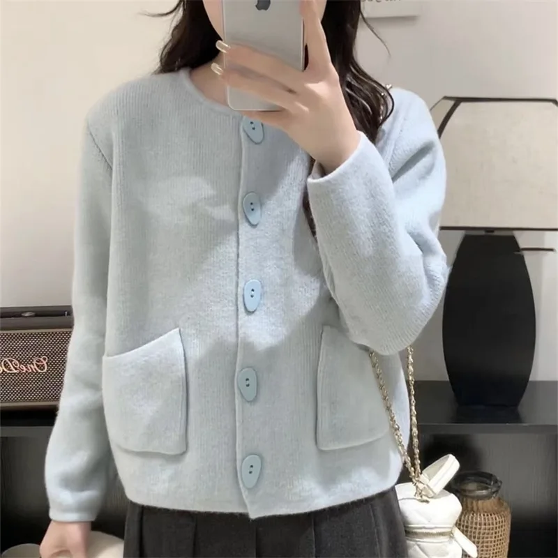 2024 Women Autumn O-Neck Cardigans Single Button Design Cardigans Coat Knitted Beige Sweater Women Cape Clothes Tops